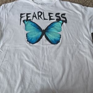 Fearless White Tee with Blue Butterfly Graphic